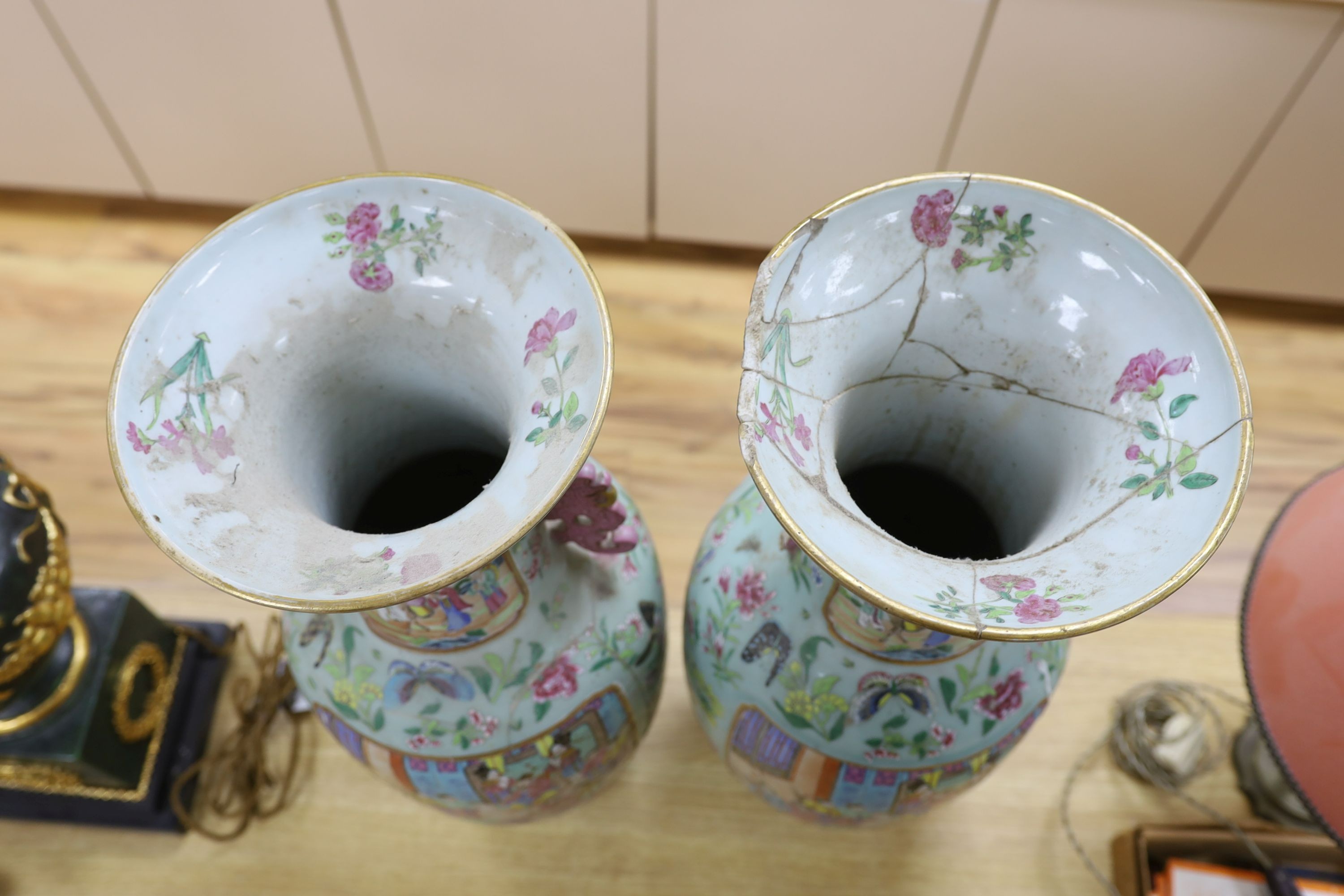 A pair of large 19th century Chinese famille rose celadon ground vases (a.f.) 65cm